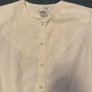 White floral and pearl accent blouse